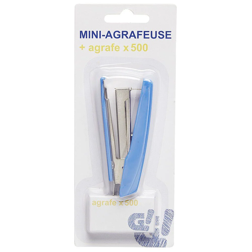 Agrafeuse mini avec agrafes x500 en 2 couleurs, rouge ou bleu