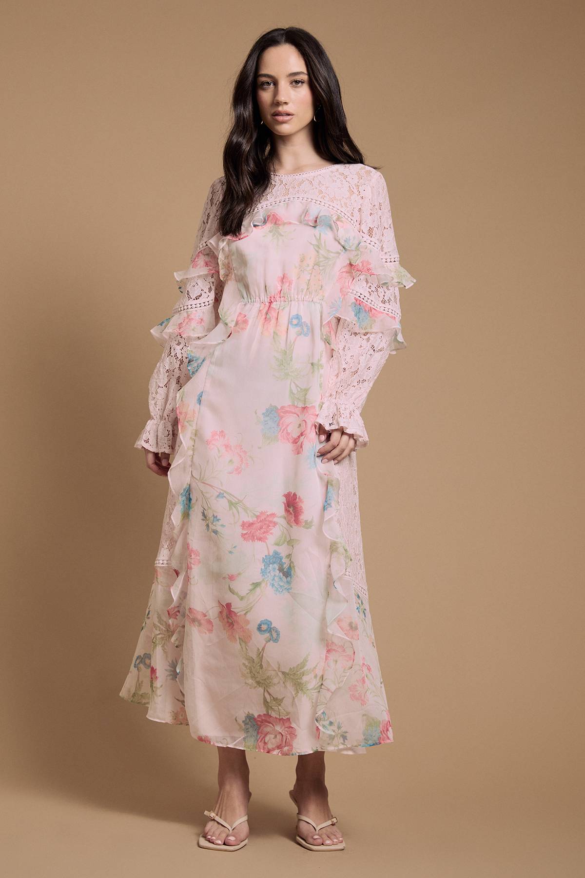 Oasis Robe Midaxi À Volants Et Dentelle Mélangée