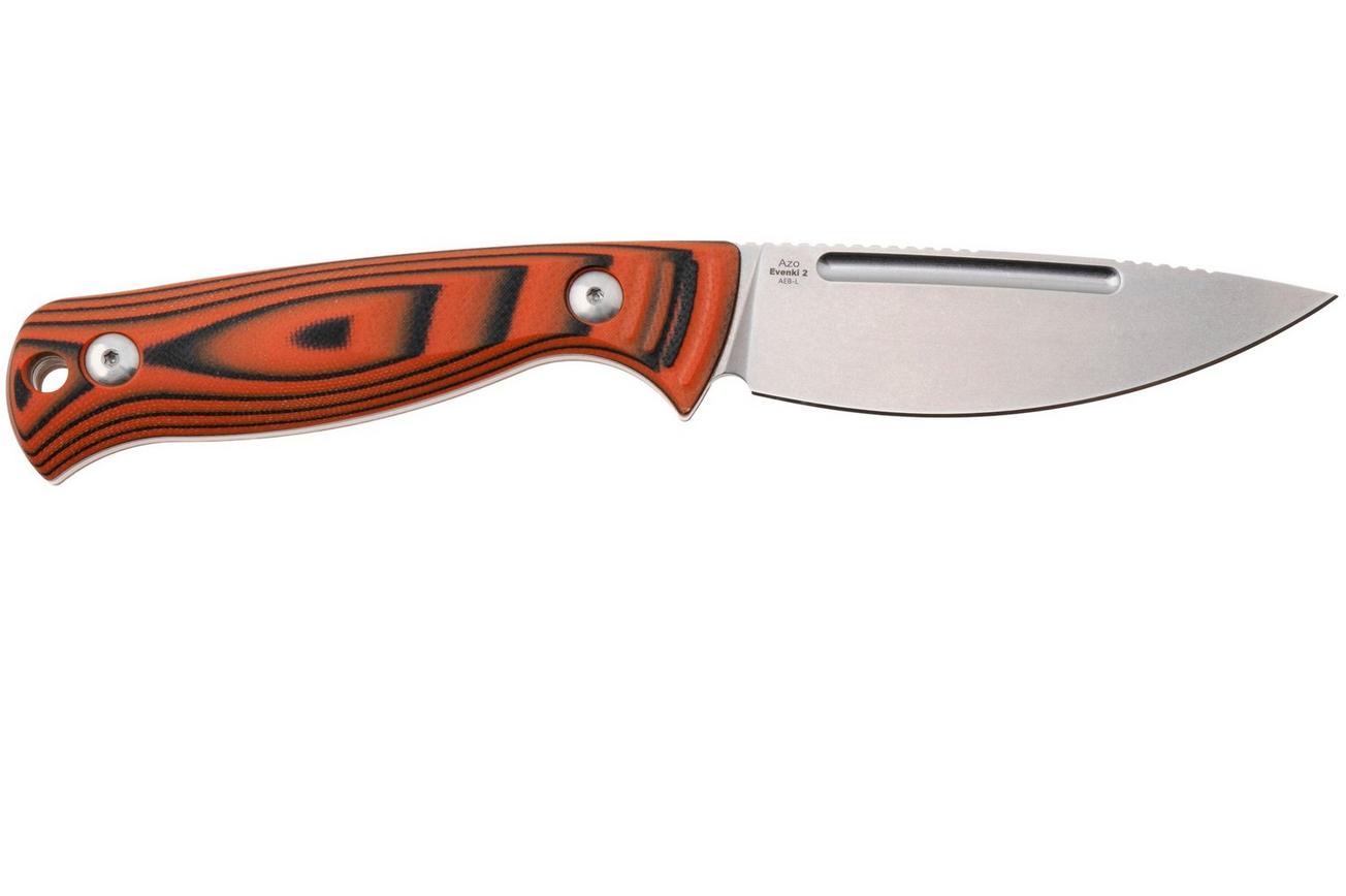 Kizer Vanguard Evenki 2, 1098A1 Stonewashed AEB-L, Orange Black G10, vaststaand mes, Azo design