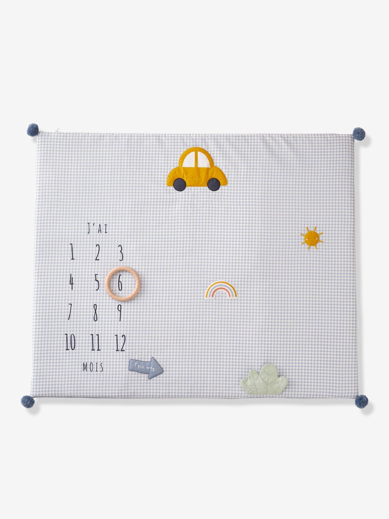 Tapete fotográfico personalizável feito de gaze de algodão, com estampa xadrez azul claro de carrinho de bebê.