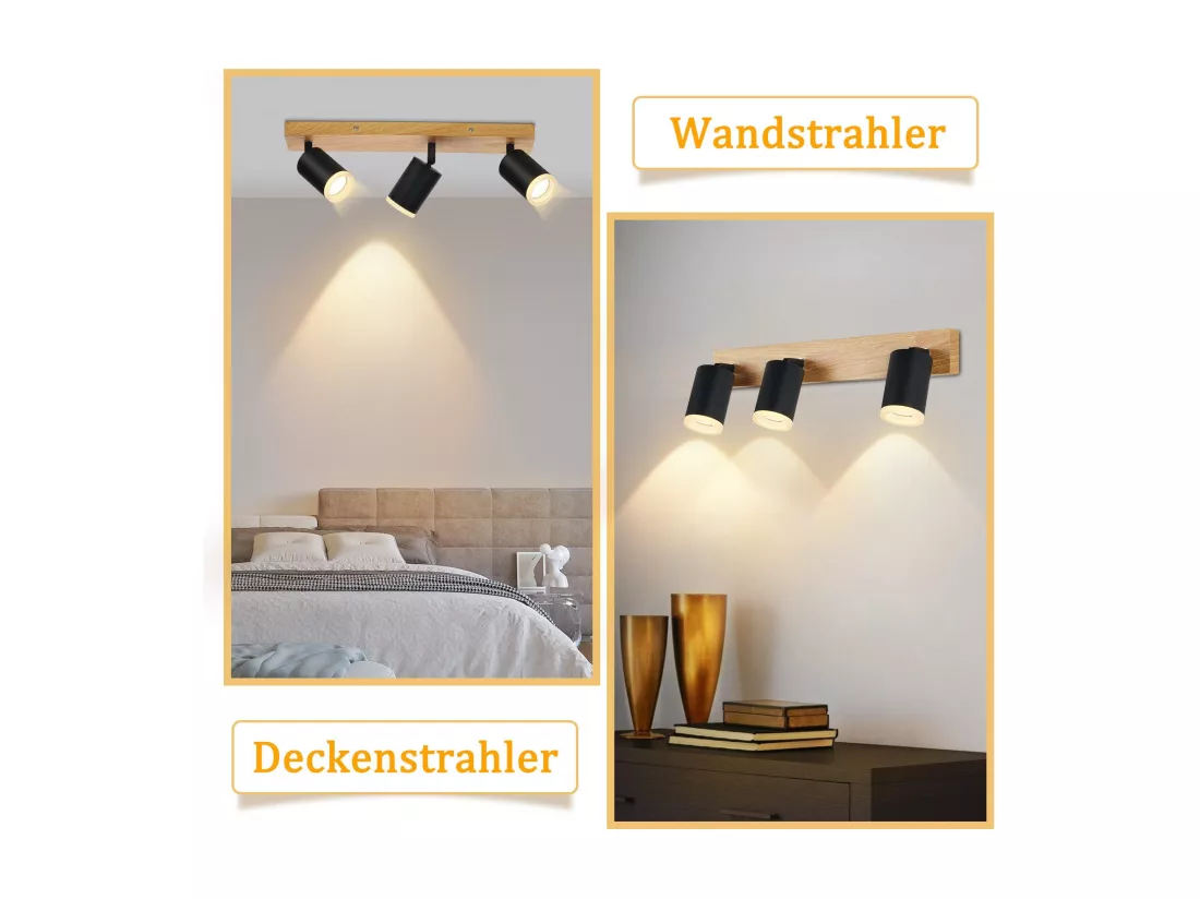 NETTLIFE Spot de plafond spots de plafond noirs lampe de cuisine GU10 spot mural en bois vintage pivotant sans ampoule orientable à 350°