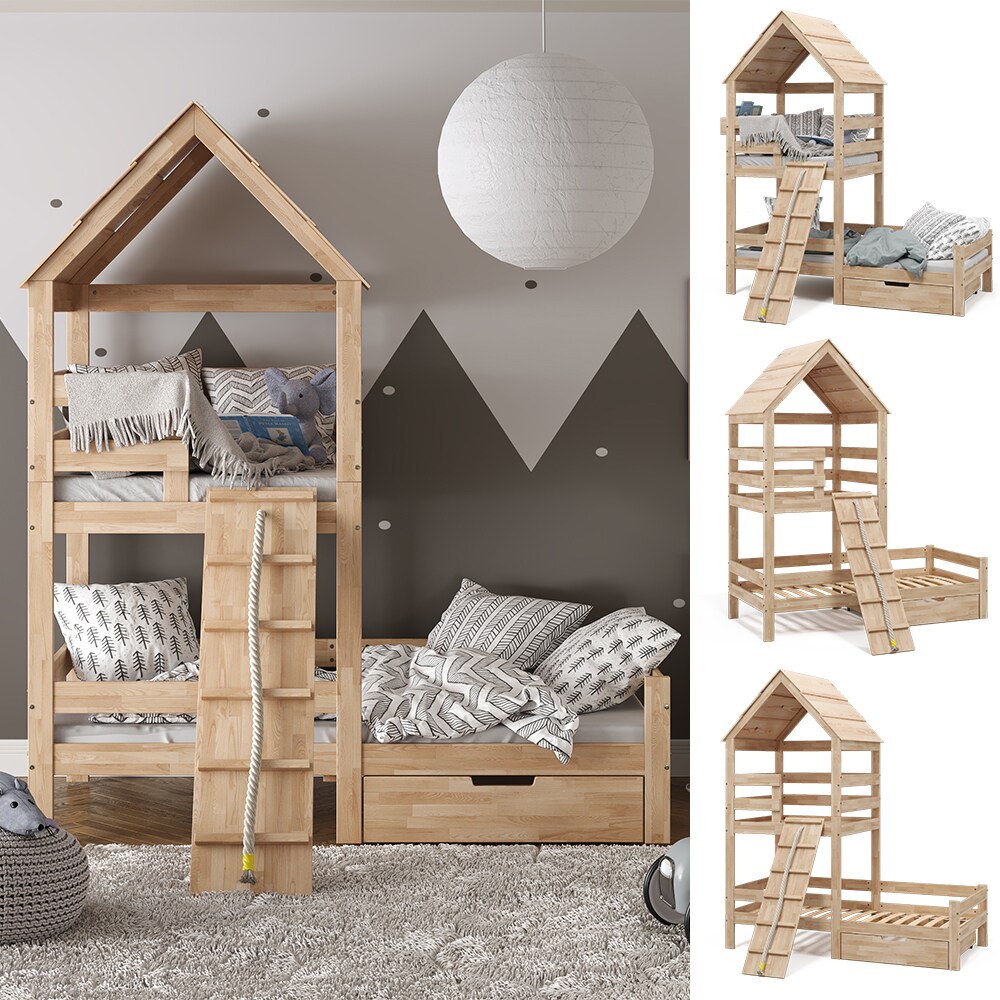 VitaliSpa Spielturmbett Kinderbett Spielbett Teddy Natur modern 208x235 cm Massivholz Kinderzimmer Lattenrost Bett Schublade Abenteuerbett Kletterbett