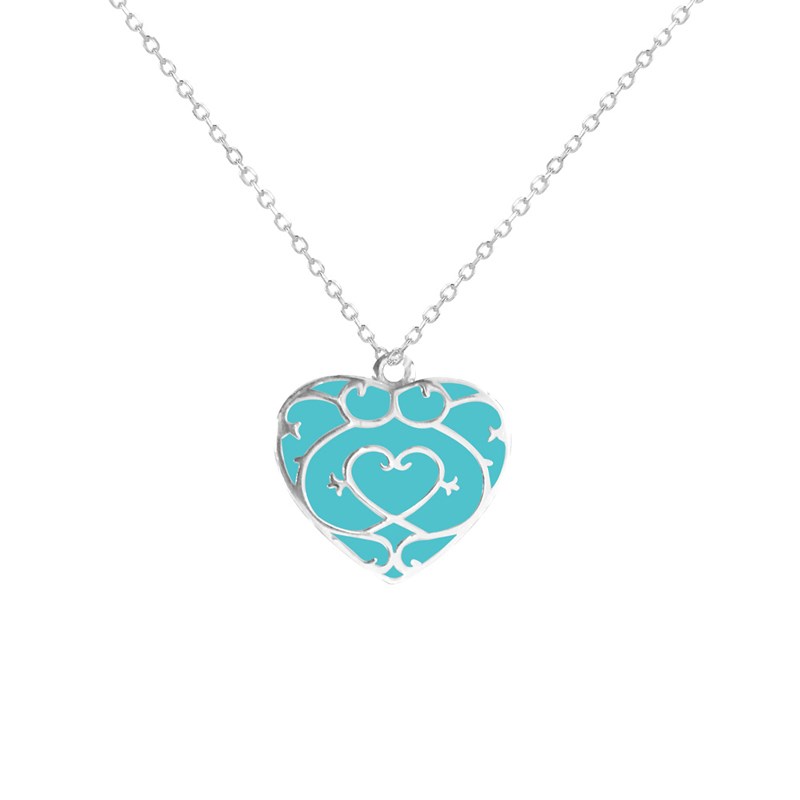 Collier coeur en argent rhodié et émail turquoise