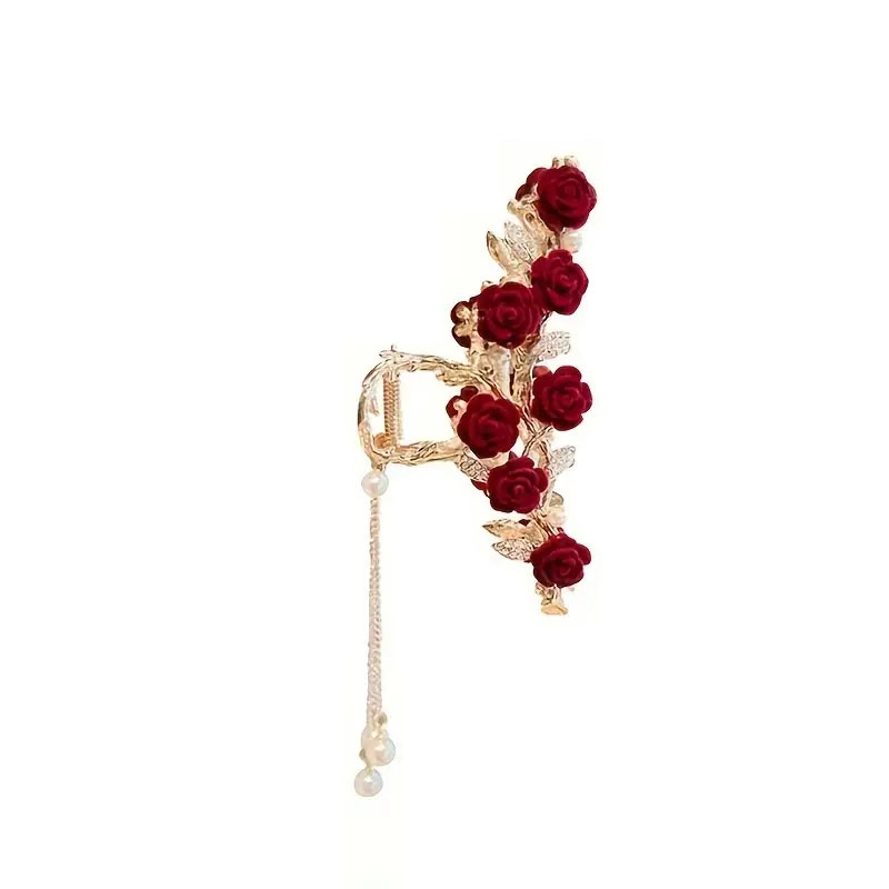 (12cm) Haarspange Klammer Strass Krallen Clip Haar Accessoire Rosen mit Perlen Anhänger - Gold / Rot