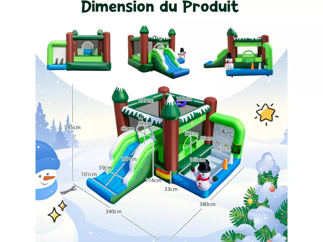Château Gonflable sur Thème de l'hiver avec Toboggan & Souffleur 735W, Maison de Saut Gonflable avec Panier & Lancer d'Anneaux, Intérieur Extérieur, Charge 135kg pour 3 Enfants de 3-10 Ans