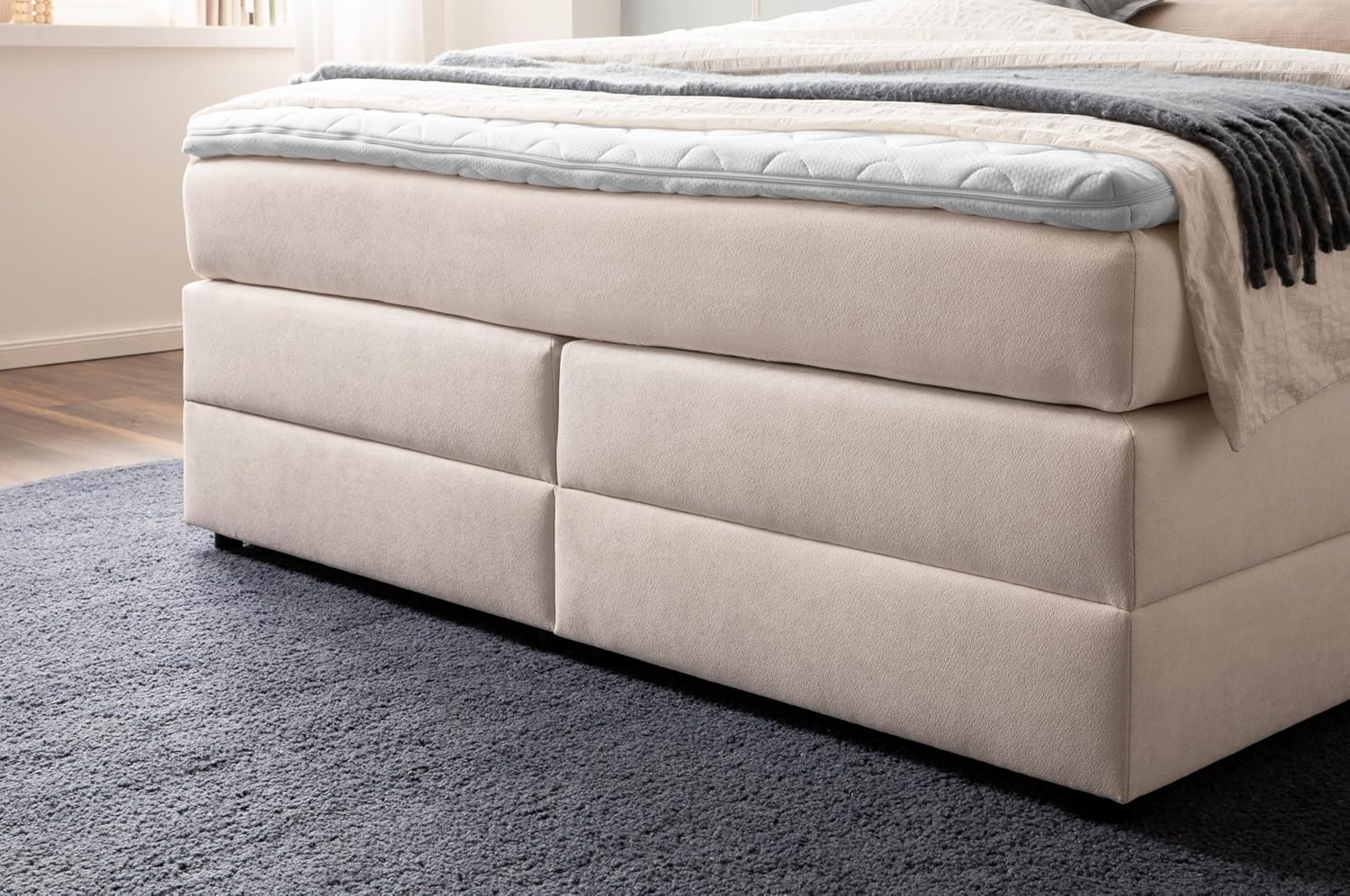 Belanoti Loft Boxspringbett 160x200 mit Bettkasten 7-Zonen Taschenfederkern Matratze inklusive Visco Topper Bett 160x200 in der Farbe Beige H2 und H3 Polsterbett mit Stauraum