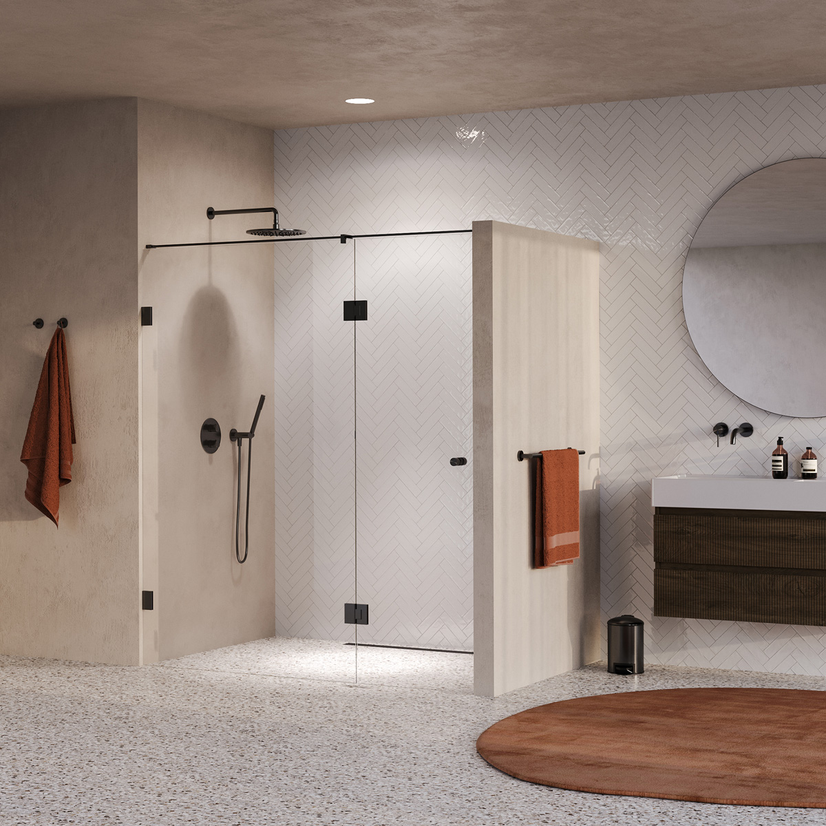 Brauer Void Carving profielloze nisdeur 170cm met draaideur 70cm aan glas gunmetal geborsteld PVD