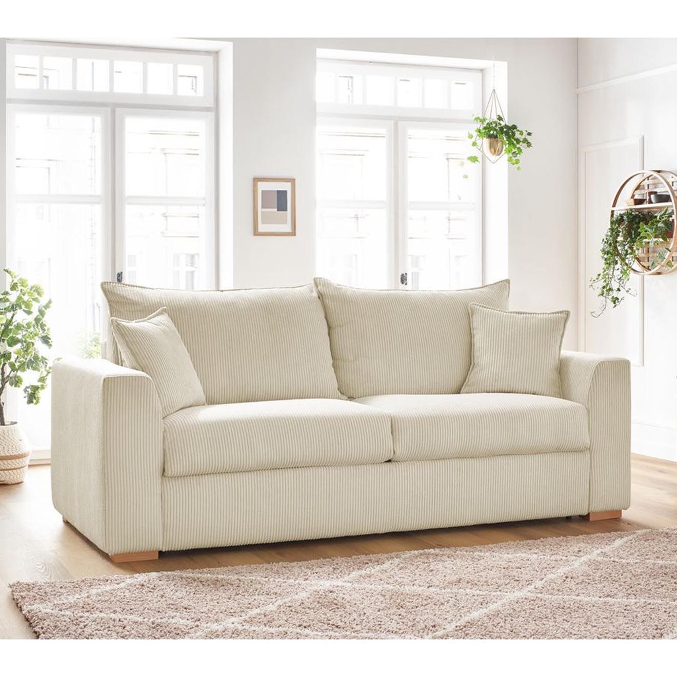 Bobochic Canapé droit augustin ouverture express velours côtelé beige - 205x97x96 cm