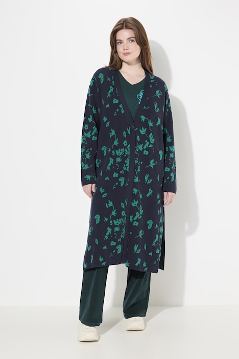 Long-Strickjacke, Blätter, V-Ausschnitt, Biobaumwolle