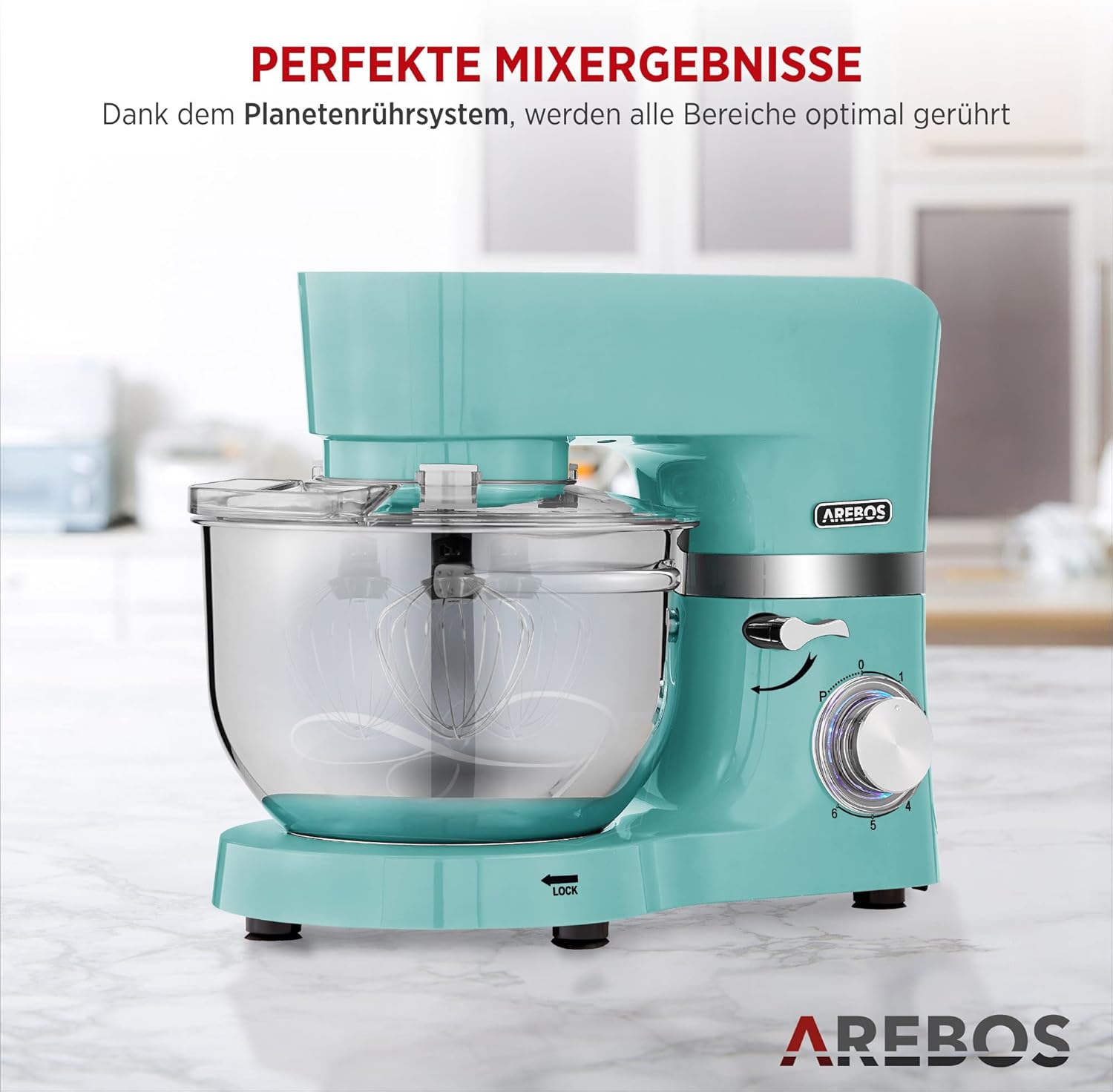 Arebos Küchenmaschine 1500W Türkis | Knetmaschine mit 2x Edelstahl-Rührschüsseln 4,5 & 5,5L | Geräuscharm | Küchenmixer mit Rührhaken, Knethaken, Schlagbesen und Spritzschutz | 6 Geschwindigkeiten