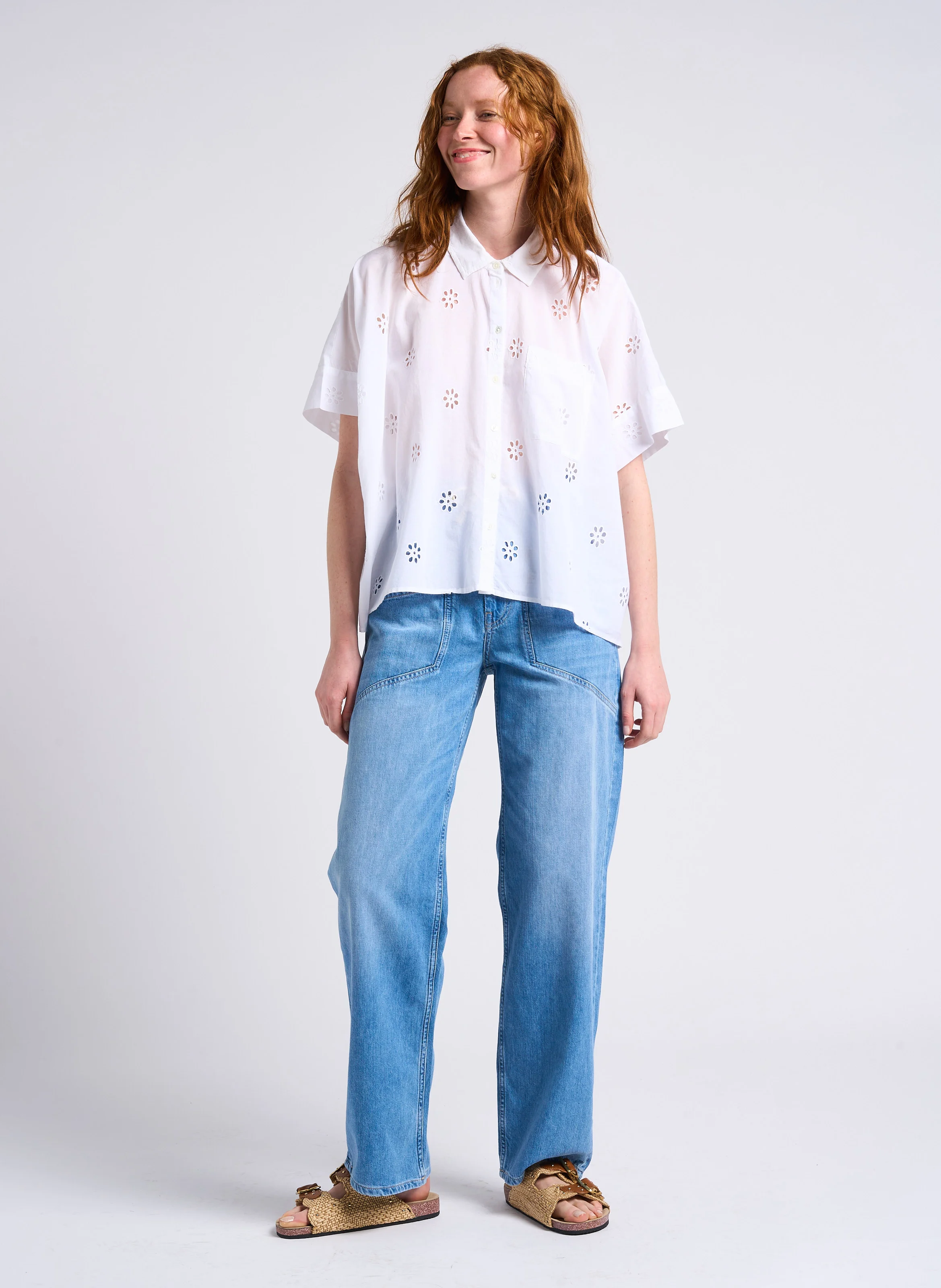 MIMA - Pantalon large taille haute en coton | Bleu