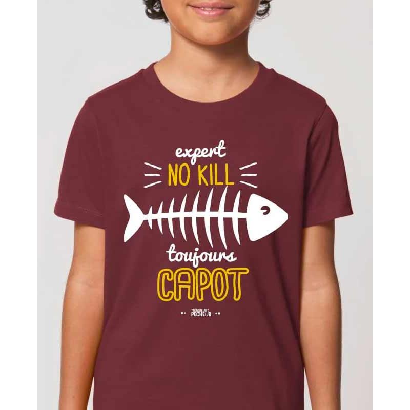 Tee Shirt Manches Courtes Enfant Monsieur Pêcheur Expert No Kill - Burgundy