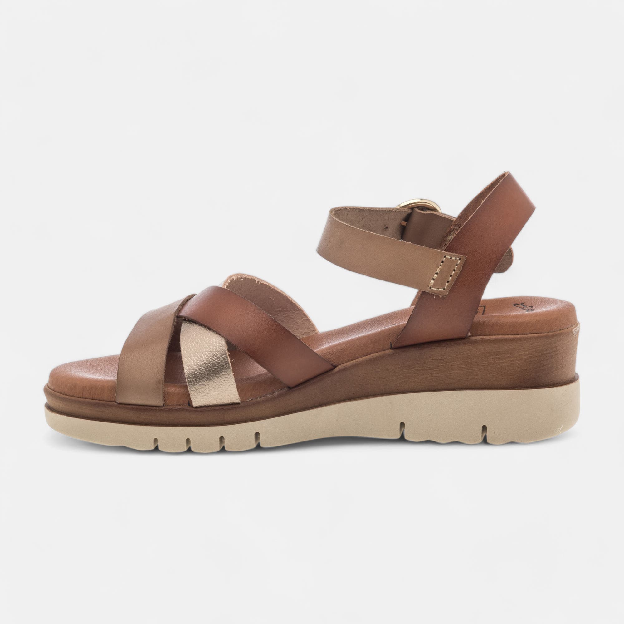 Sandales à talon compensé Femme en cuir cognac