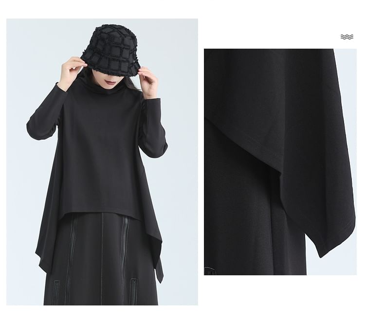 SIMPLE BLACK - Lange mouwen, mockneck, effen, asymmetrisch, oversized T-shirt