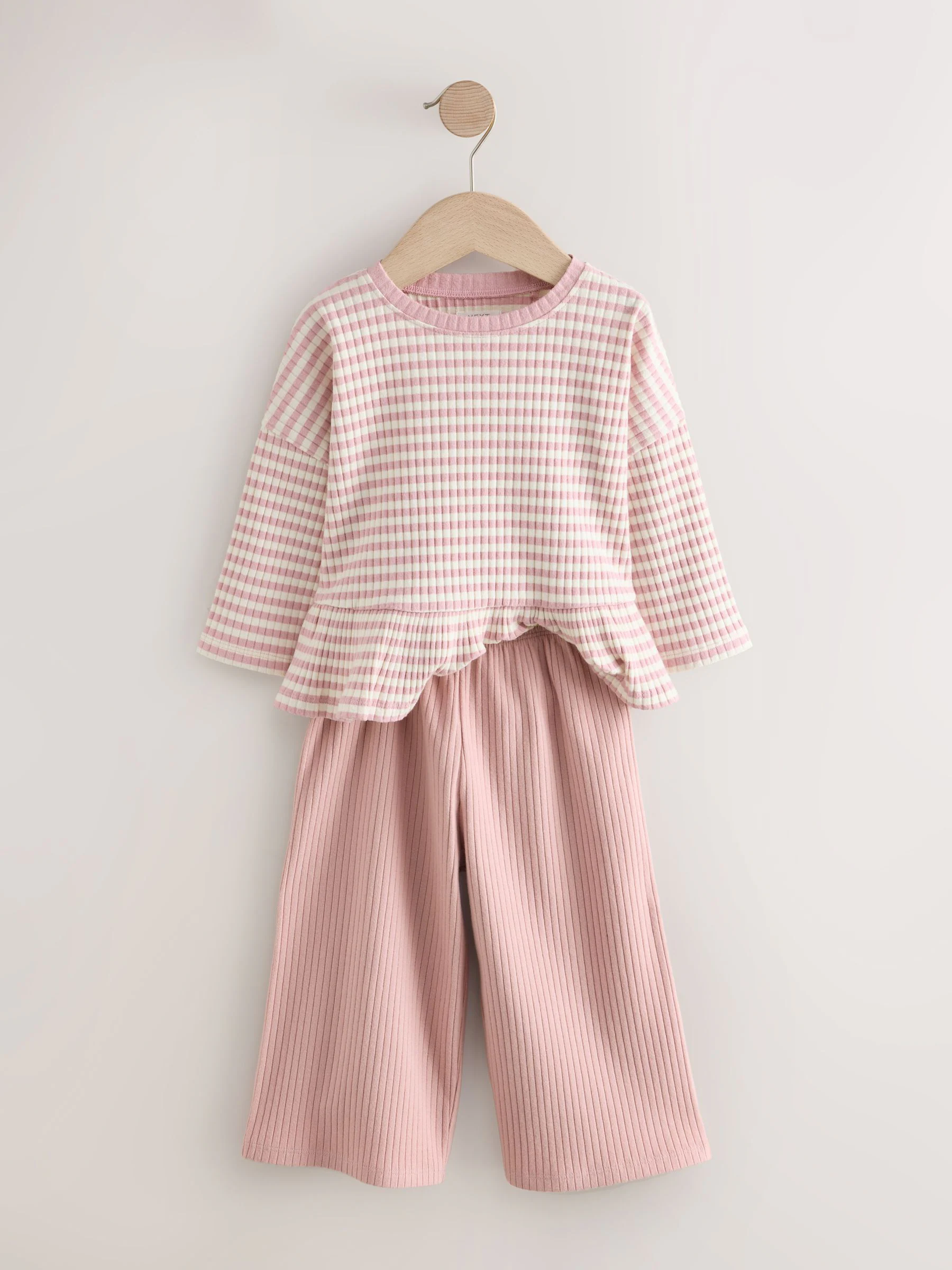 Roze - Set met geribbelde top met lange mouwen en broek met wijde pijpen (3mnd-7jr)