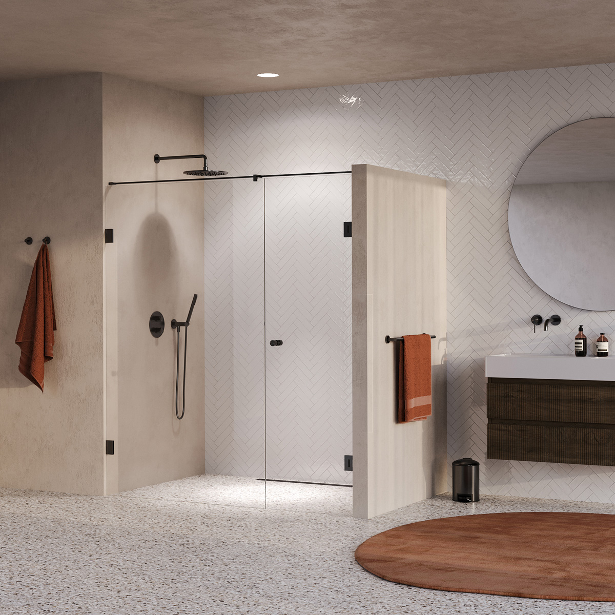 Brauer Void Carving profielloze nisdeur 180cm met draaideur 70cm aan muur gunmetal geborsteld PVD