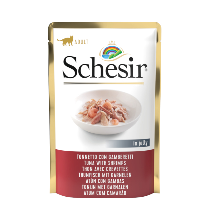 Sachês de 85g de atum com camarão Schesir para gatos adultos.
