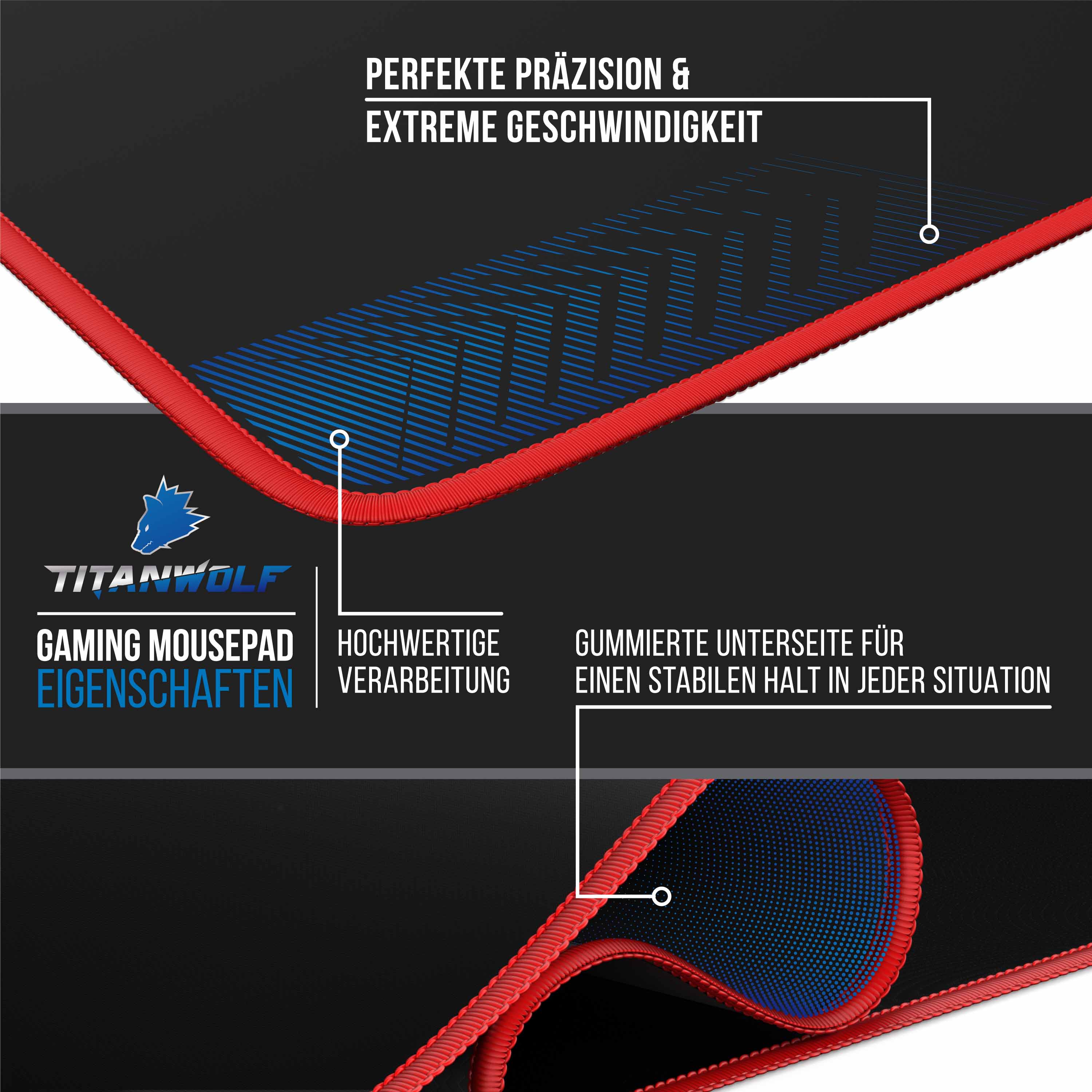 Titanwolf Gaming Mauspad, XXL Speed Gaming Mousepad / Extragroße Fläche von 900 x 400mm, Kopf rot
