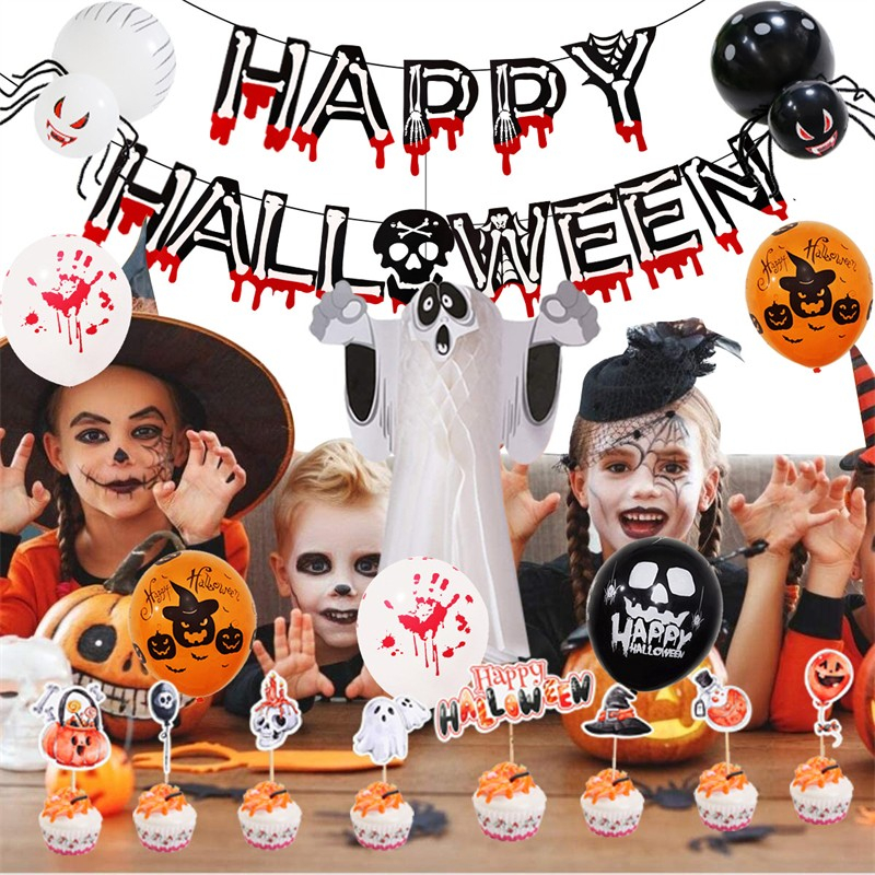 (89-tlg. Set) Happy Halloween Girlande Party Deko   Latex Ballons / Kuchenstecker / Lampion / Tischdecke - Schwarz / Orange / Weiss
