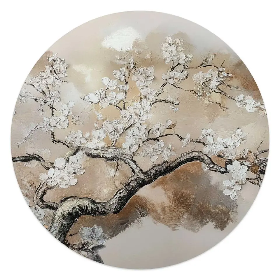 Glasschilderij Boom in bloei - Ø 50cm - Beige