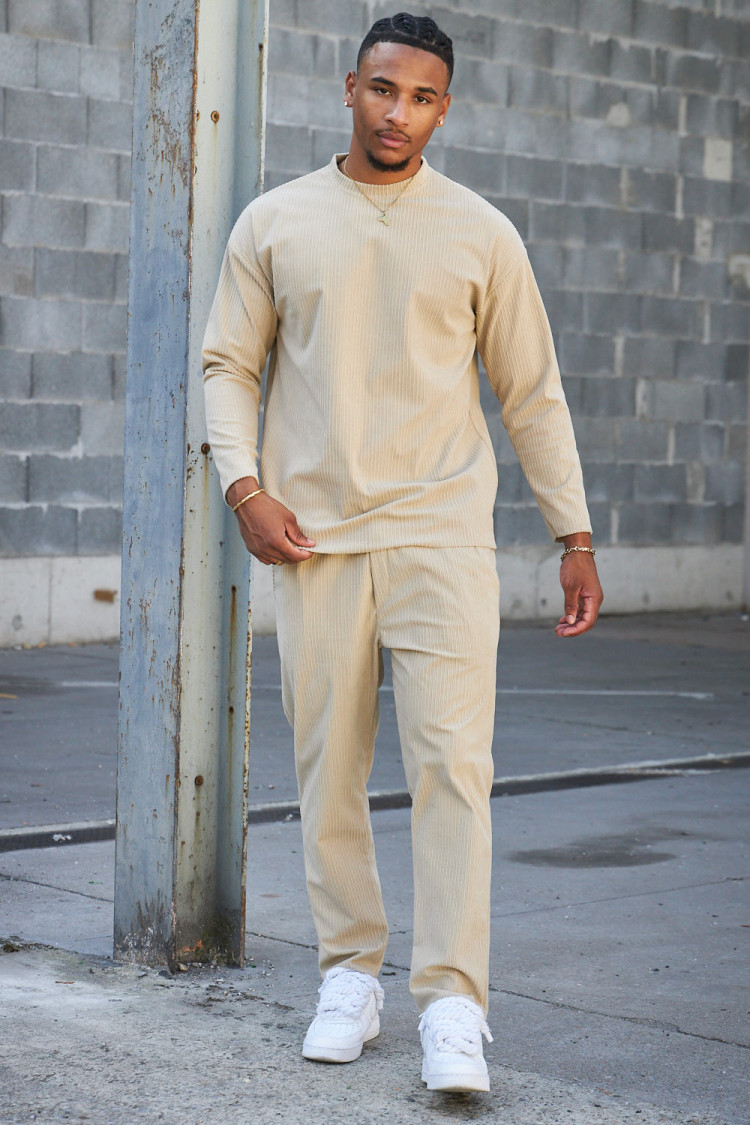 Ensemble 2 pièces pull + pantalon en velours côtelé beige