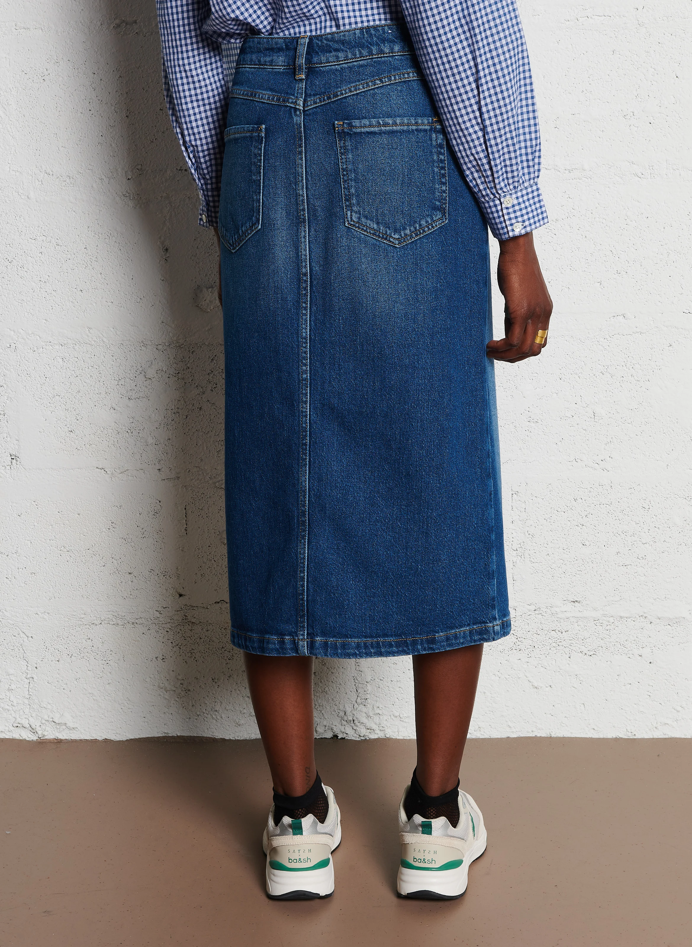 BIRDY - Jupe midi droite en denim stretch | Bleu