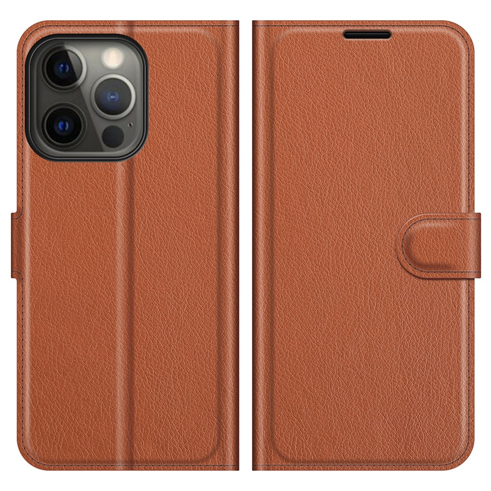iPhone 13 Pro Leder Tasche Flip Cover Litchi Look - Braun