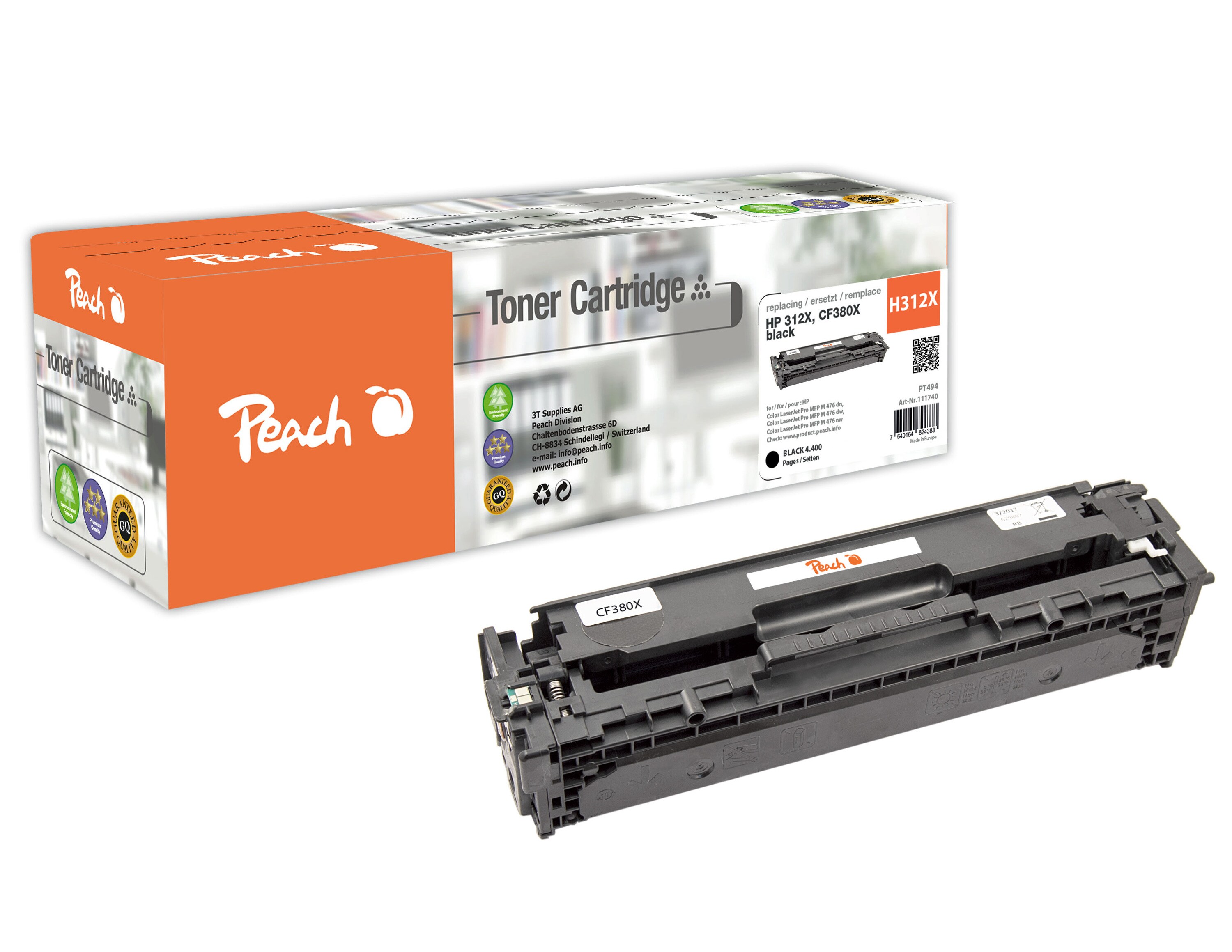Peach HP 312 XBK Toner XL bk ersetzt HP No. 312X BK, CF380X für z.B. HP Color LaserJet Pro MFP M 476 dw, HP Color LaserJet Pro MFP M 476 dn (wiederaufbereitet)