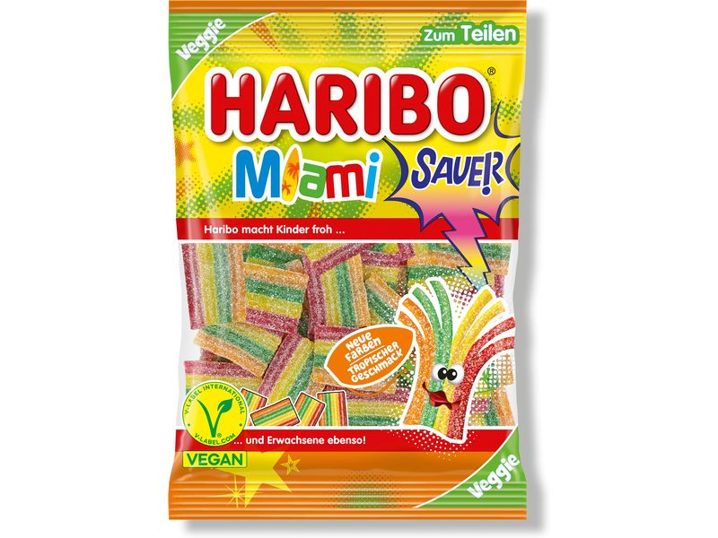 Haribo Gummibonbons Miami sauer vegan 160 g Feine Kaubonbons zum Naschen und Teilen