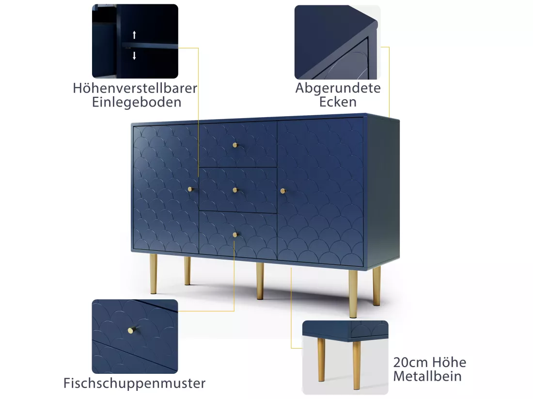 Buffet avec 2 portes et 3 tiroirs, bleu marine - h82/l120/p40 cm