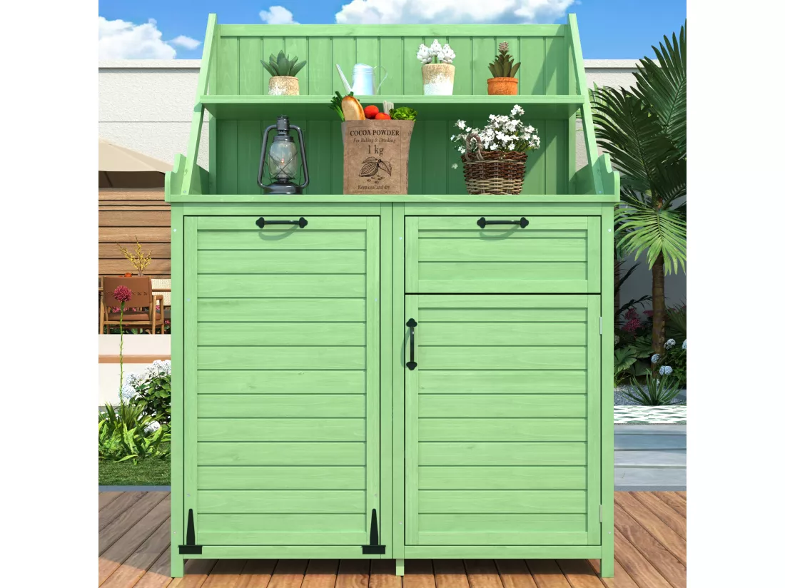 Armoire de jardin, abri de jardin en bois massif avec 2 portes, 1 tiroir et étagères de rangement - 100 x 43 x 154 cm - Vert