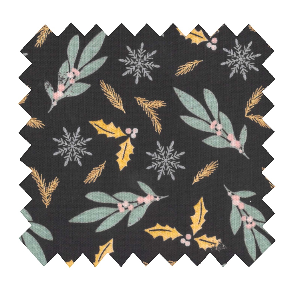 Tissu Coton Au Mètre Ex2315 Houx Feuillage Or Noir