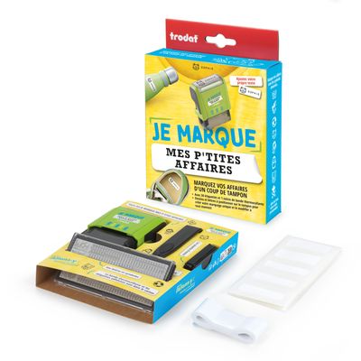 Trodat – Tampon pour marquer les affaires des enfants + étiquettes adhésives et bande thermocollante (à composer soi-même)