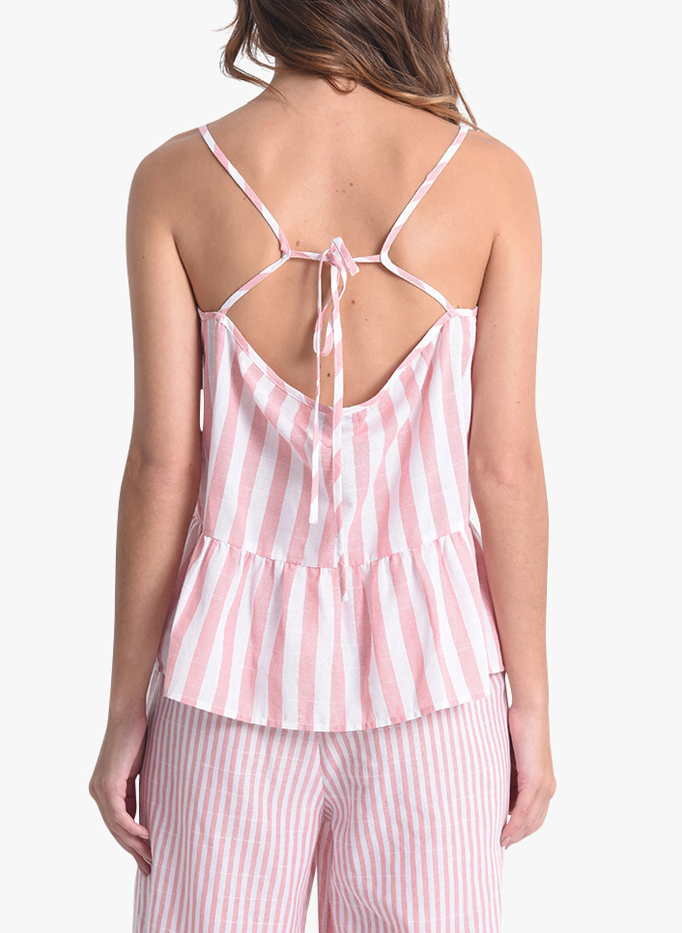 Top col V rayé en coton mélangé | Rose