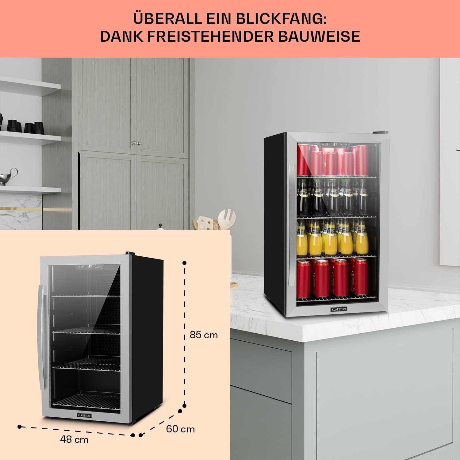 Klarstein Mini Kühlschrank mit Glastür, Mini-Kühlschrank für Zimmer, Getränkekühlschrank Klein mit Verstellbaren Ablagen, Kleiner Kühlschrank 124 L, Indoor/Outdoor Kühlschrank Leise