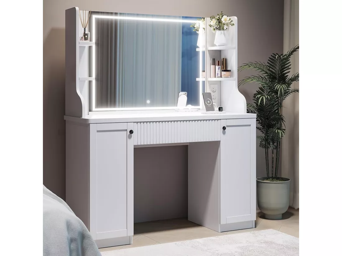 Coiffeuse avec Miroir LED à Luminosité Réglable,Dressing Table Moderne en Bois,Tiroir,3 Compartiments,110x40x138.5cm - Blanc