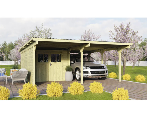 Dubbele carportset Karibu Eco 2 met geïntegreerde berging 7,3 m², één zij- en één achterwand 527 x 576 cm, drukgeïmpregneerd