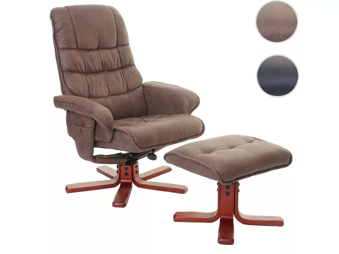Fauteuil de relaxation MCW-E30 avec pouf, imitation de daim, marron