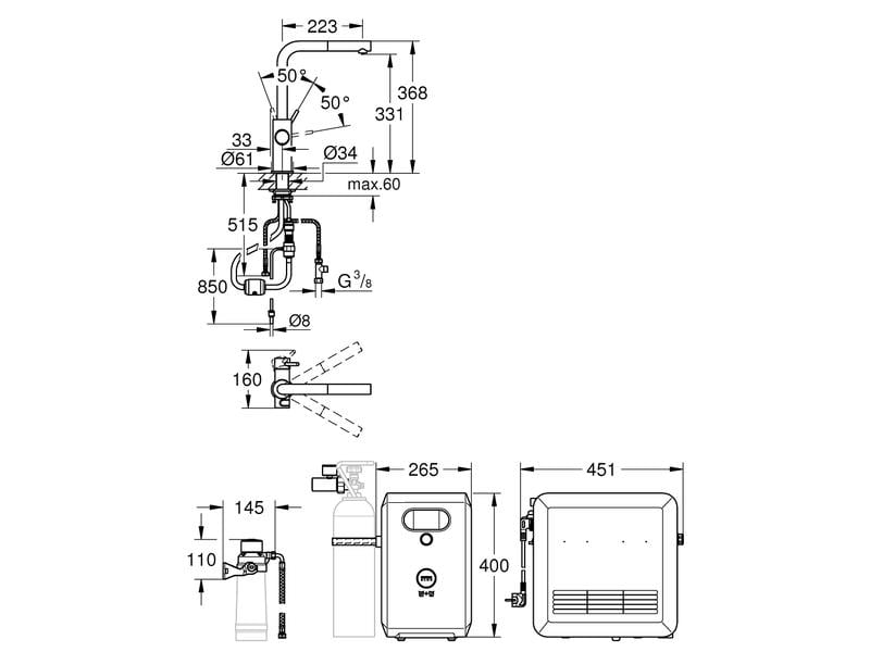 GROHE Küchenarmatur Blue Professional L-Auslauf Set Chrome Einhand-Spültischbatterie mit Filterfunktion und herausziehbarem Mousseurauslauf
