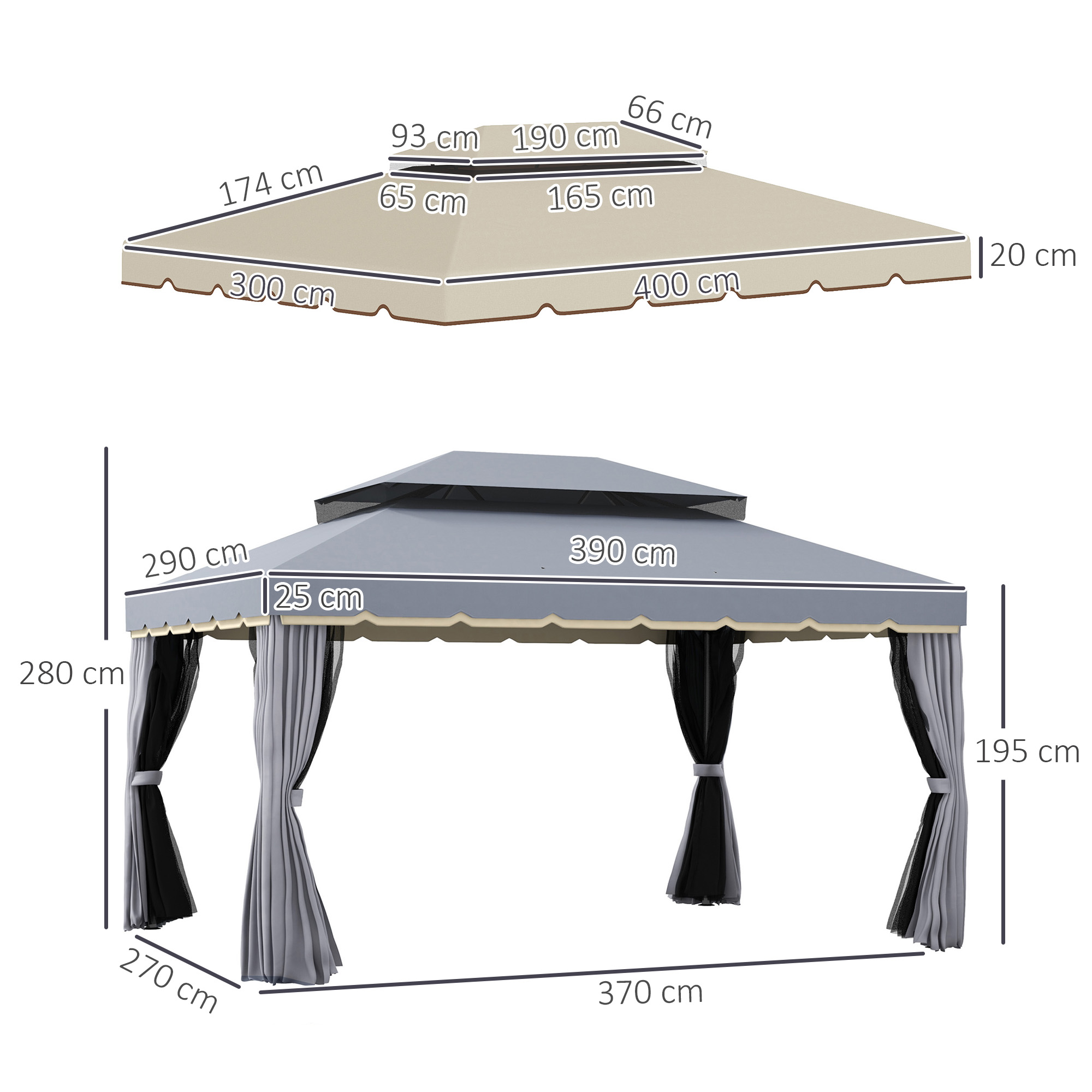 O conjunto de gazebo Outsunny inclui 1 gazebo de jardim de 4x3m com 4 cortinas laterais, 4 mosquiteiros e 1 cobertura extra de 4x3m para festas e eventos ao ar livre, nas cores cinza e bege.