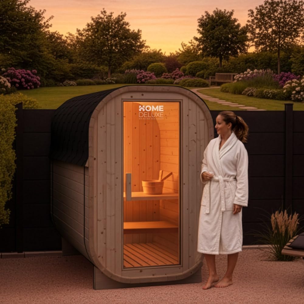 Home Deluxe Outdoor Sauna Cube S - Maße: ca. 194 cm x 120 cm, Holz: Fichtenholz - inkl. Saunaofen und Saunazubehör I Gartensauna, Außensauna, Sauna Fass für 2 Personen