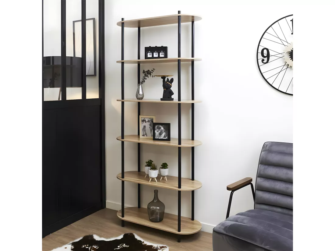 ENTAS - Etagère 6 Tablettes Ovales Aspect Bois Pieds Noirs