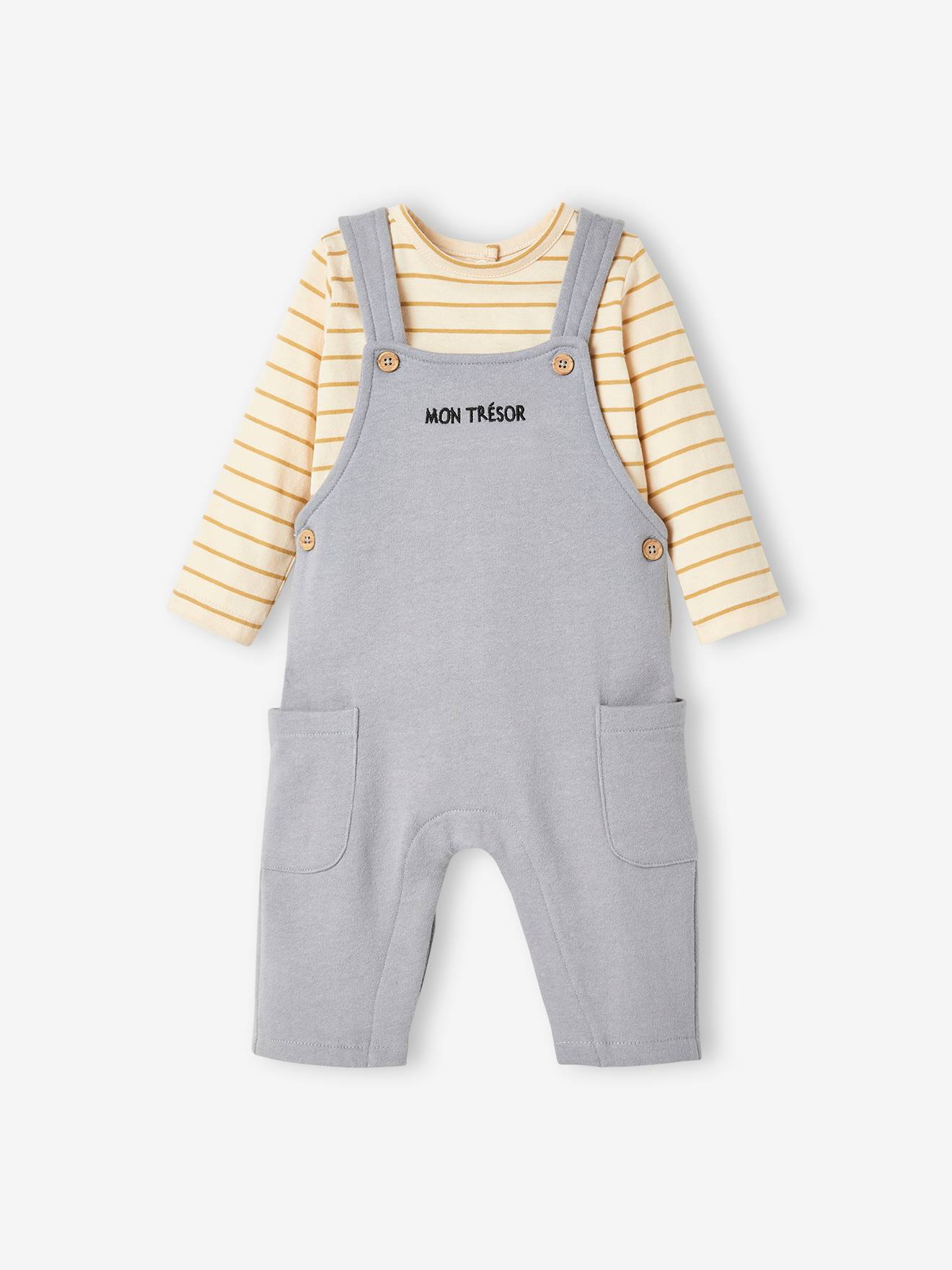 Conjunto de camiseta e jardineira de tecido atoalhado personalizável para bebê, marrom médio liso