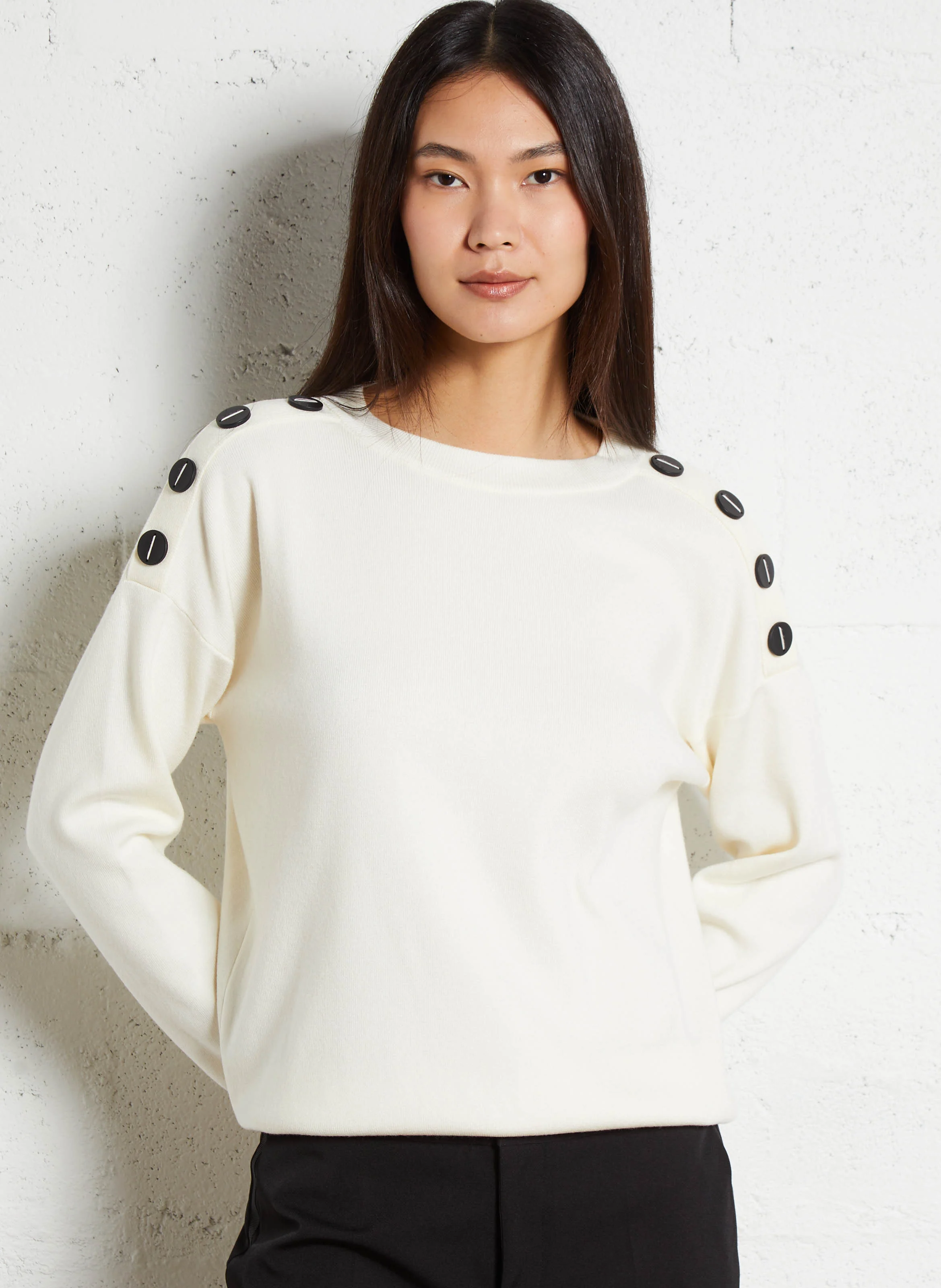 Pull droit col rond en maille mélangée | Blanc