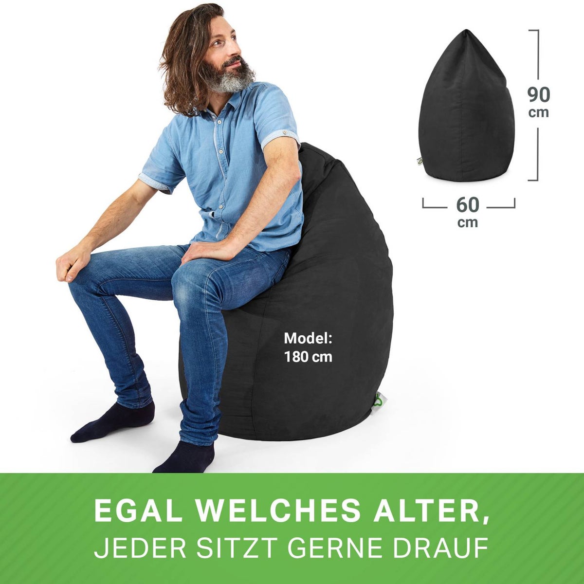 Green Bean zitzak met rugleuning 60x60x90cm - Binnenzitkussen 220L vulling, comfortabel, wasbaar - Zitzak vloerkussen, loungestoel, voetenbank - zwart