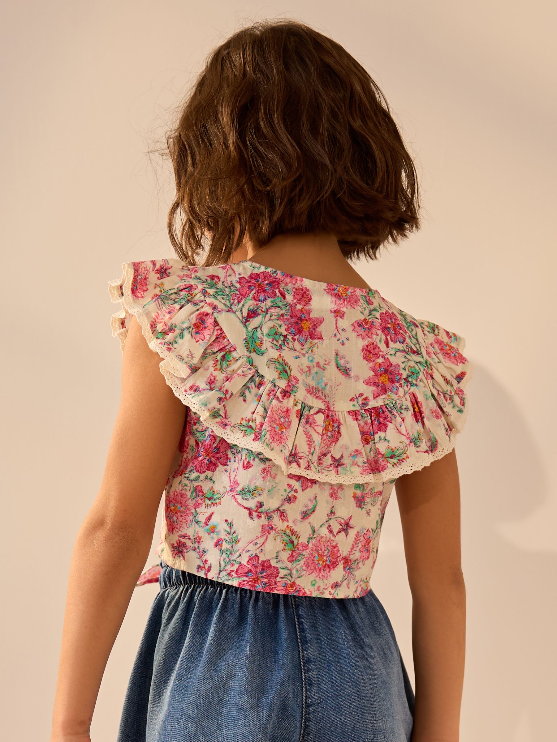 Roze bloemen - 100% katoenen blouse met strik aan de voorkant (3 - 16 jr)