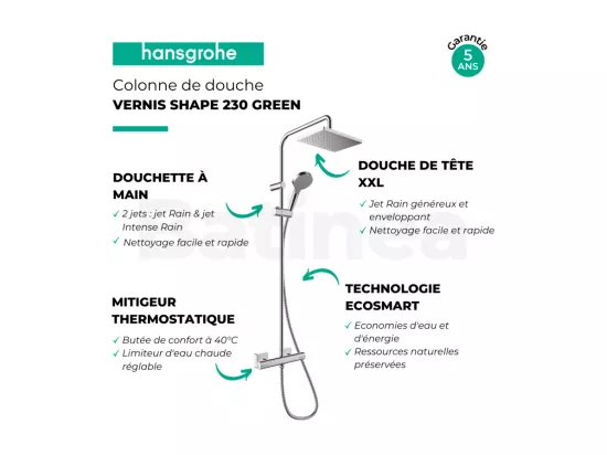 Colonne de douche thermostatique HANSGROHE Vernis Shape 230 Green chromé + tablette AddStoris