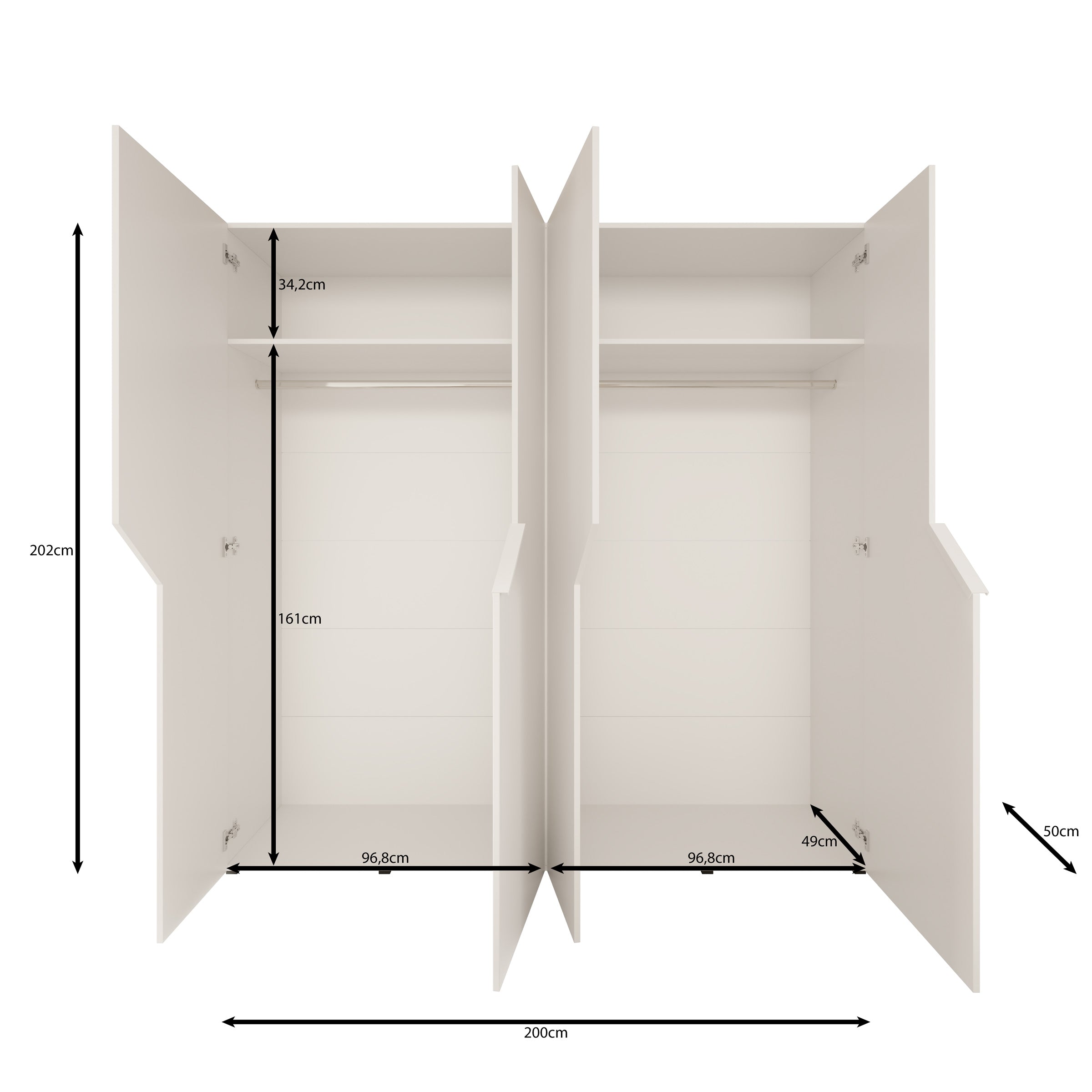 Arena - Kledingkast 4-deurs met spiegel - Zwart - 200x50x202 cm