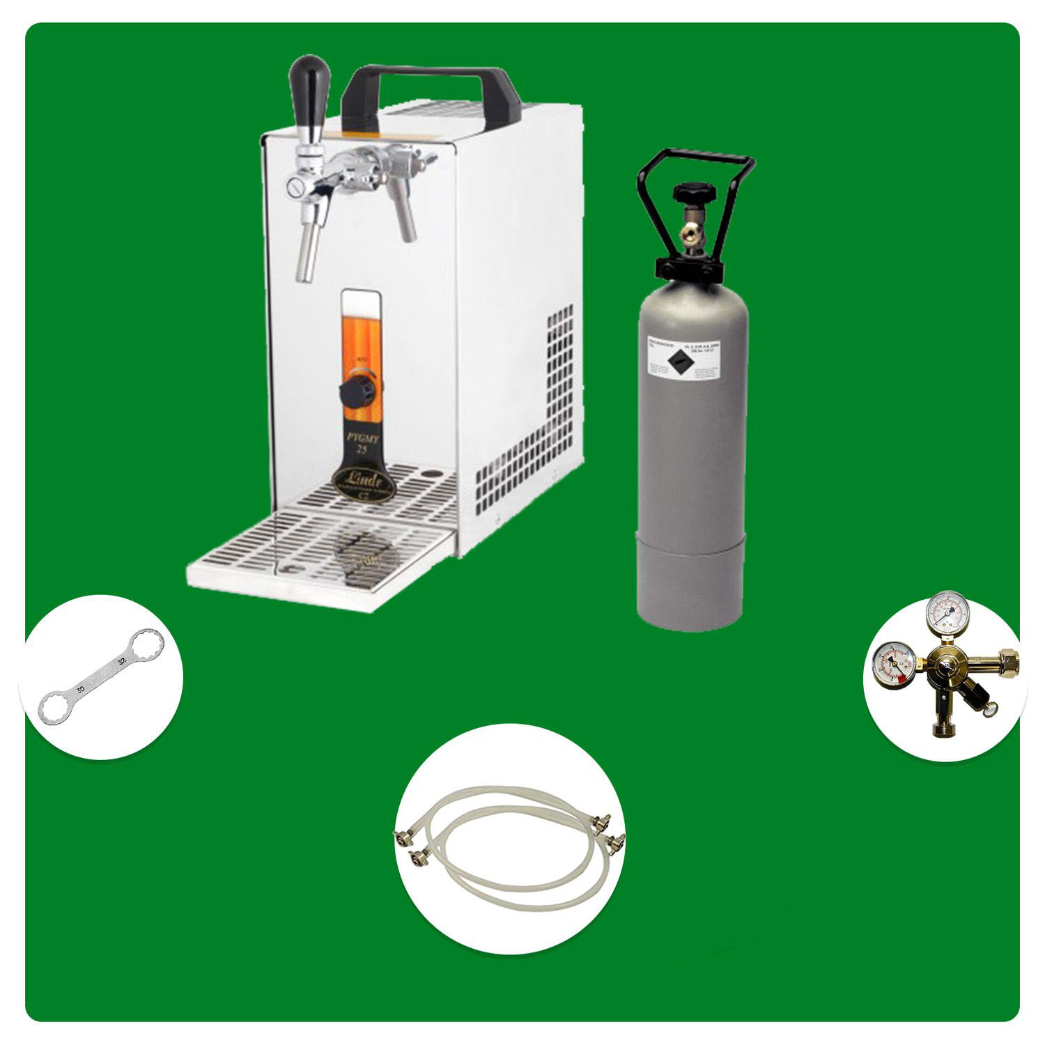 Komplett Set - Zapfanlage, Bierzapfanlage, Bierkoffer, Durchlaufkühler PYGMY 25 LE, 1-leitig Trockenkühler, 30 Liter/h, Green Line, 5 Liter Adapter