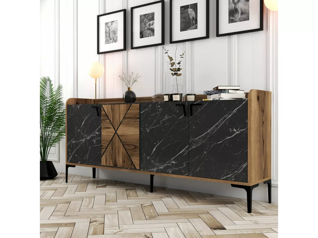 Buffet Dkoulibal, Buffet du salon, Commode de salon, Garde-manger de cuisine, 180x35 h79 cm, Noyer et Noir